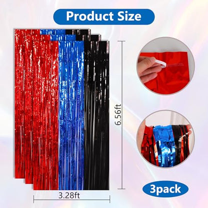BEISHIDA 3Pcs Red Blue Black Door Streamers Backdrop Foil Fringe Tinsel Curtains Backdrops for Spider Theme Birthday Party Supplies (3.28 ft x 6.56 ft) - color: 3 Pack-red blue black