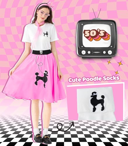 1950s Poodle Skirt Outfit Women 50s Sock Hop Costume T Shirt Accessories - color: Pink, size: XX-Large