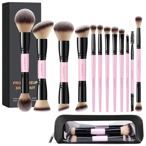 MAGEFY Makeup Brushes 12Pcs with Bag, Double-End Multi-functional for Foundation Powder Blush Eyeliner Eyeshadows brushes with Gift Box,Pink - color: Pink