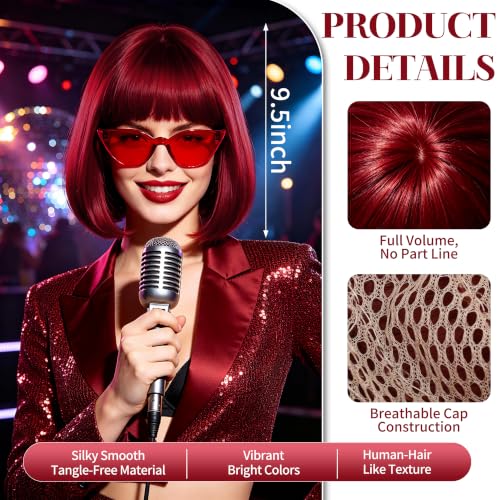 Short Bob Straight Hair Wigs with Bangs, Synthetic Fiber Colorful Hair, Cat Eye Glasses for Women (Burgundy) - color: Burgundy