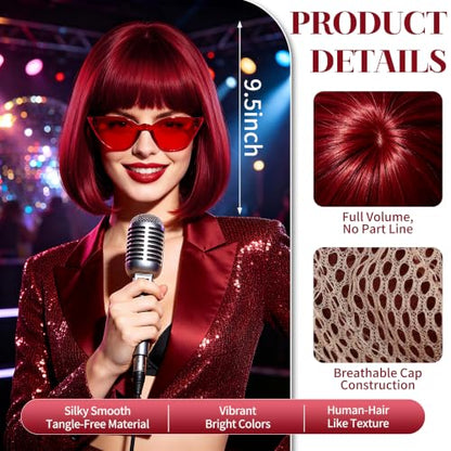Short Bob Straight Hair Wigs with Bangs, Synthetic Fiber Colorful Hair, Cat Eye Glasses for Women (Burgundy) - color: Burgundy
