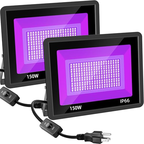 2 Pack 150W Black Light, 365nm Black Flood Light Outdoor with Plug and Switch, IP66 Waterproof Blacklight Neon Glow for Glow Party, Halloween, Fluorescent Poster, Body Paint