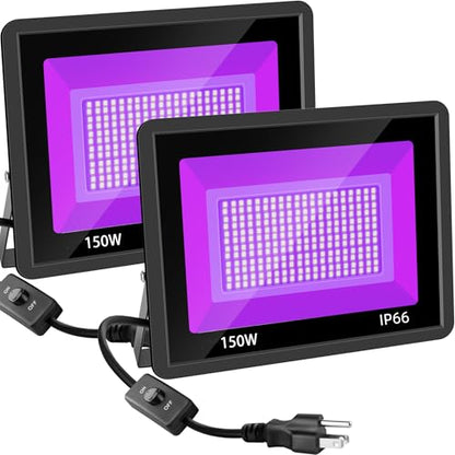 2 Pack 150W Black Light, 365nm Black Flood Light Outdoor with Plug and Switch, IP66 Waterproof Blacklight Neon Glow for Glow Party, Halloween, Fluorescent Poster, Body Paint