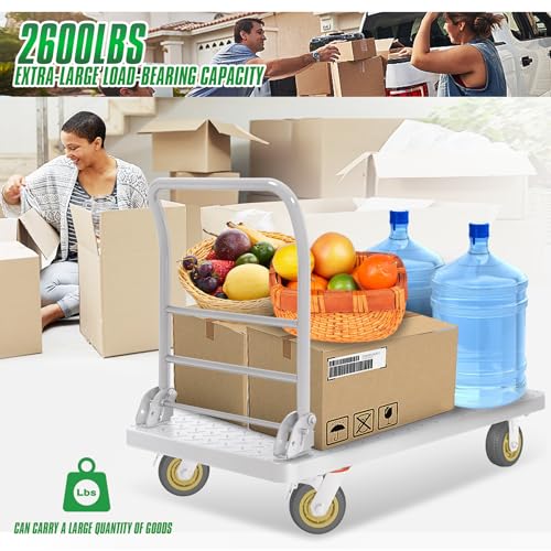 2600lbs Heavy Duty Platform Truck with Brake System (24" x 48") | Push Cart Dolly Foldable Flatbed Cart with 5'' Swivel Wheels Large Steel Platform Dolly Cart for Groceries, Garage, Warehouse - color: Silver - 48"x24" - 2600 Lbs