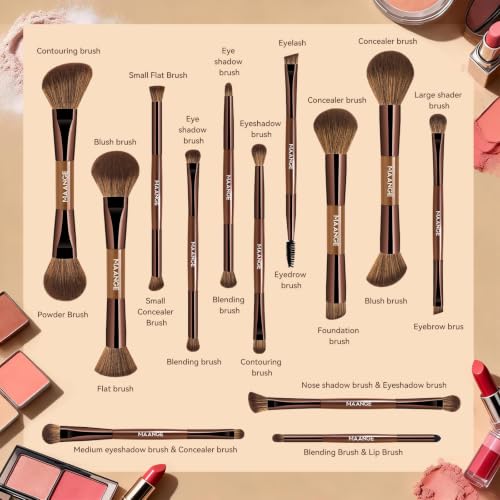 MAANGE 13 Pcs Foundation Makeup Brush Set With Bag, Make up Brushes, Double-End Multi Functional Makeup Brushes, Professional Face Brush Set Tools For Liquid Powder Concealer Cream Blush (Brown) - color: Brown