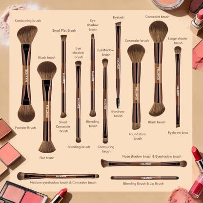 MAANGE 13 Pcs Foundation Makeup Brush Set With Bag, Make up Brushes, Double-End Multi Functional Makeup Brushes, Professional Face Brush Set Tools For Liquid Powder Concealer Cream Blush (Brown) - color: Brown