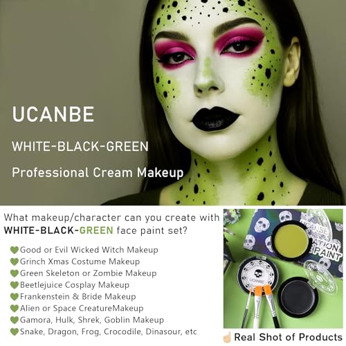 White Foundation + Black Green Face Body Paint with Painting Brushes Halloween Makeup Set, Kids Adults Facepaint Kit for Witch Monster Grinch Shrek Hulk Alien Special Effects Make Up Cosplay Party - color: Black+White+Ogre Green