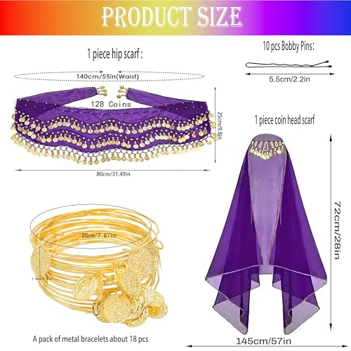 Wuchieal Set of 4 pcs Belly Dancer Outfit Sets, Chiffon Head Scarf,Belly Dance Hip Scarf, 10 Bobby Pins, 18 Metal Bracelets - color: Purple