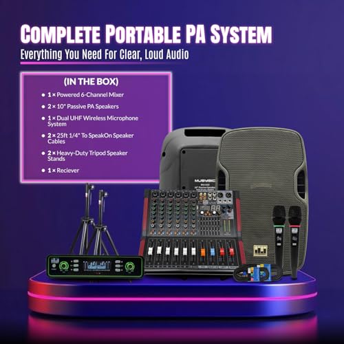 Pa System with Wireless Microphone and Speakers 10" 2000W Built-in Amp | Audio Mixer for DJ party PA kit with Wireless UHF Mic, 6-channel mixer, Dual Wireless UHF mic, 800W Speaker and Dual Stands - size: 10 inch