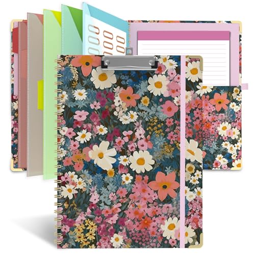 Clipboard Folio with Notepad for Letter Size (11" x 8.5"), 5 Extra Folders with Storage 10 Pockets, 39 File Folder Labels, Elastic Closure Spiral Clipboard with Storage(Colorful Flower) - color: Colorful Flower