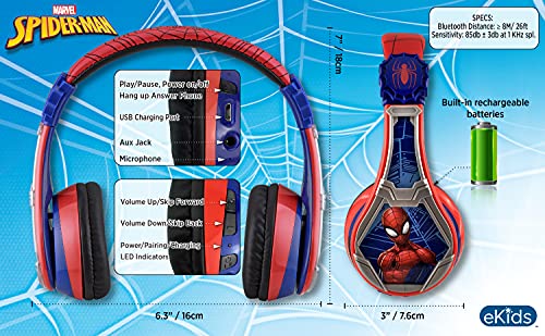 eKids Spiderman Wireless Bluetooth Portable Headphones with Microphone, Volume Reduced to Protect Hearing Rechargeable Battery, Adjustable Kids Headband for School Home or Travel | Volume Reduced and Built-in Microphone - color: Spiderman