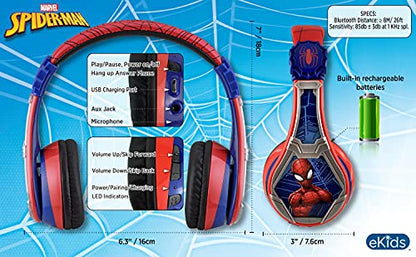 eKids Spiderman Wireless Bluetooth Portable Headphones with Microphone, Volume Reduced to Protect Hearing Rechargeable Battery, Adjustable Kids Headband for School Home or Travel | Volume Reduced and Built-in Microphone - color: Spiderman