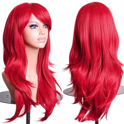 PORSMEER 70 cm/28 inches Charming Long Wavy Full Hair Wig Anime Cosplay Halloween Costume Party Heat Resistant Synthetic Wigs for Women Girls (Red) - color: Red