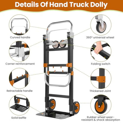 3-in-1 Folding Hand Truck,600lb Convertible 4 to 2 Wheel Dolly Cart Orange | For home office warehouse garage farm gym, carbon steel frame, base expands 35-44in, swivel rubber wheels, folds flat - color: Orange