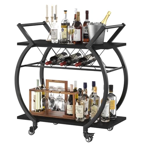 LVB Black Bar Cart with Wheels, Industrial Wine Cart with Storage for Home - style: Black