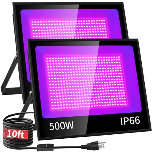 500W Black Light IP66 with 10ft Cable, Powerful for Halloween Large Space | 2 Pack LED Blacklight Flood Light Outdoor with Switch, Glow in the Dark Party Supplies for Gym Classroom Dance Party Decor - size: 500W-2 Pack