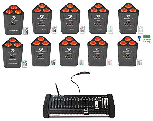 Rockville RockWedge LED 54W RGBWA+UV Par Light 10-Pack with DMX Controller