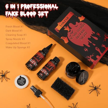 6 IN 1 Fake Blood Kit，Fake Blood 1.69oz X2 + Coagulated Blood 1.41oz+Spray Head+Dripping Head+Soap+Sponge【Washable】【Realistic Effect】【Skin Friendly】Professional Fake Blood Makeup Kit，Fresh+Dark - color: Fresh+Dark+Coagulated Blood