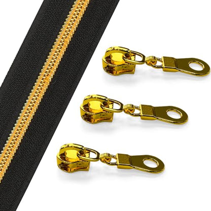 Sawoake 10 Yards Bulk Zipper(#5), Black Nylon Coil Zipper with Gold Teeth by The Yards, Replacement Sewing Zipper with 10PCS Zipper Sliders for DIY Sewing Craft Bags(#5 Gold Black) - color: Gold-Black