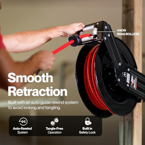 ReelWorks Air Hose Reel 3/8" Inch x 50' Foot SBR Rubber Hose Max 300PSI Commercial Steel Construction | Corrosion Resistant Powder Coating, Commercial Frame Supports Garage Air Service
