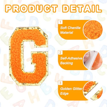 MECCANIXITY Chenille Letter Patches 2.2" Self Adhesive Alphabet g Stick on Embroidered Patch Sew on Letter Stickers Applique for Repairing Clothing Jeans Shoes Hats DIY(Orange, Pack of 2) - style: Letter-G