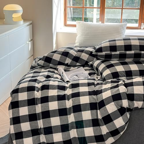 FACE TWO FACE Bedding Duvet Cover Set100% Washed Cotton Duvet Cover Linen Like Textured Breathable Durable Soft Comfy (Queen, Black and White Grid) - color: Black and White Grid, size: Queen