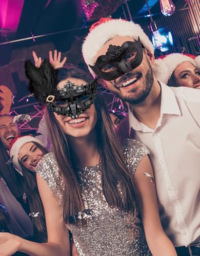 SIQUK Couple Masquerade Masks Set Venetian Party Mask Costume Mask - color: Feather Black