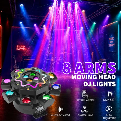 8 Arm Moving Head DJ Lights -200W RGBW LED Party Lights with RG Starlight,6 Strobe Lights, 540° Pan 180° Tilt, DMX512 & Sound Activated Auto Mode - DJ Lights for Parties, KTV, Wedding, Club