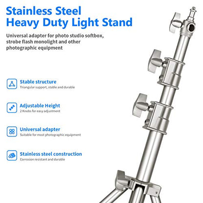 NEEWER 118"/3m Stainless Steel Light Stand, Spring Cushioned Heavy Duty Photography Tripod with 1/4" to 3/8" Universal Screw Adapter for Strobe, LED Video Light, Ringlight, Monolight, Softbox | Photography Tripod with 1/4" to 3/8" Universal Screw Adapter