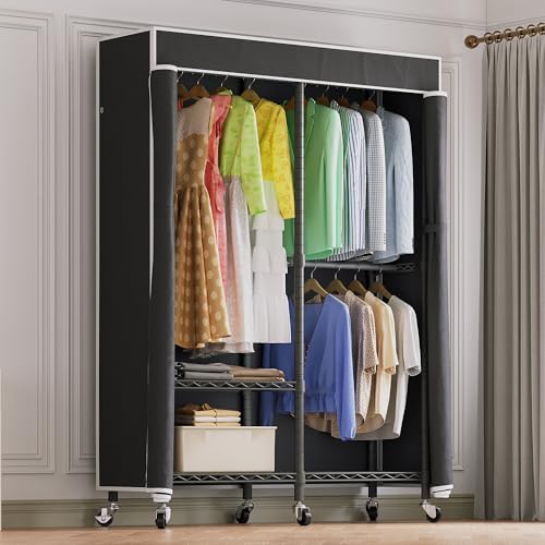 Higeego H9 Garment Rack with Cover, Heavy Duty Clothing Rack for Hanging Clothes, Portable Closet with wheels, Wardrobe Closet with Adjustable Shelves, Black Rack Shelf with Black Fabric Cover - style: with Black Cover