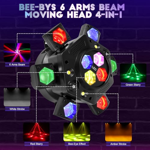 Moving Head DJ Lights-150W LED Stage Light 6 Arms Beam 4-in-1 RGBW | Red Green Starlight and White Amber Flashing Lights,Bee Eye Effect,DMX Controlled&Remote For DJ Parties/Disco/Dlubs/Weddings