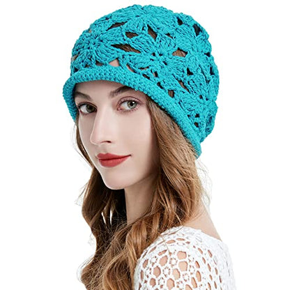 ZLYC Women Cotton Crochet Slouchy Beanie Hat Handmade Knit Summer Skull Cap | Lightweight breathable,boho casual chic look,travel photos festival party,café commute daily wear,beach concert gathering - color: Crochet Peacock Blue