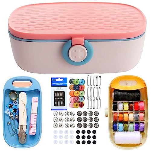 WANSHUNLMI Pink Sewing Kit, 140Pcs Family Travel Sewing Project Kit Portable Small Traveler Sewing Supplies Repair Kit Thread Accessories DIY Sewing Supplies Organizer Box (Pink Sewing Kit) - color: Pink Sewing Kit