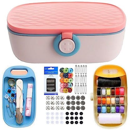 WANSHUNLMI Pink Sewing Kit, 140Pcs Family Travel Sewing Project Kit Portable Small Traveler Sewing Supplies Repair Kit Thread Accessories DIY Sewing Supplies Organizer Box (Pink Sewing Kit) - color: Pink Sewing Kit