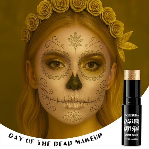 BOBISUKA Metallic Gold Face Body Paint Stick Washable Water-Based Face Paint Makeup Stick for Halloween Skull, Goth, Cosplay, SFX, Sports Eye Black & Costume Party - color: Gold