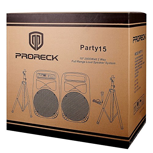 PRORECK Party 15 Portable 15-Inch 2000 Watt 2-Way Powered PA Speaker System Combo Set with Bluetooth/USB/SD Card/FM/Remote Control/LED Light for Indoor, Outdoor DJ Parties, Karaoke