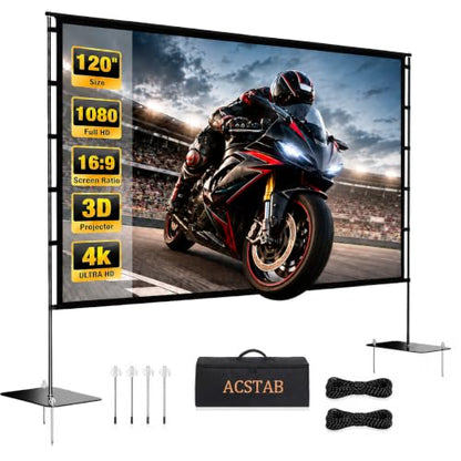 Outdoor Projector Screen with Stand - 120 Inch Portable Projector Screen Outdoor Indoor Projection Screens 16:9 4K HD Movie Screens with Carry Bag Can Enjoy Home Theater Projection Screens