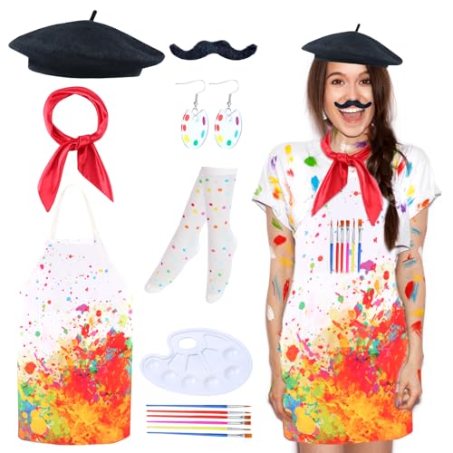 Kyson Artist Costume for Adult 8 Pcs Painter Halloween Dress Up with Beret Apron Palette Paint Brushes Earrings Bandana Beard - color: White Splatter Apron