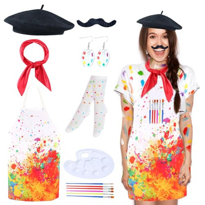 Kyson Artist Costume for Adult 8 Pcs Painter Halloween Dress Up with Beret Apron Palette Paint Brushes Earrings Bandana Beard - color: White Splatter Apron