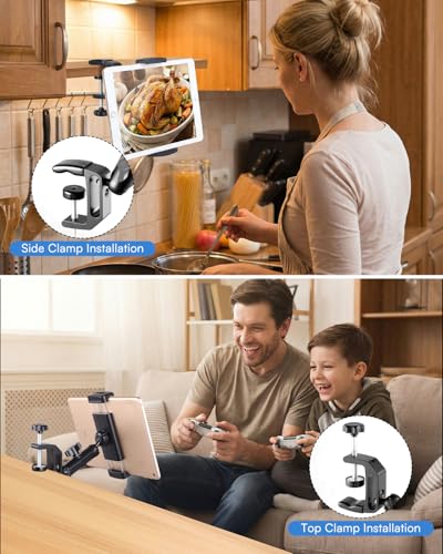 SH ipad Mount for Desk, Tablet Holder for Desk, Kitchen Tablet Holder iPad Mount, 360° Adjustable Aluminum Alloy Arm Stand for Work, Video Call, Bed, Compatible with 4.7"-13" iPad, iPhone, e-Reader - size: AC012-U-Shaped Clamp