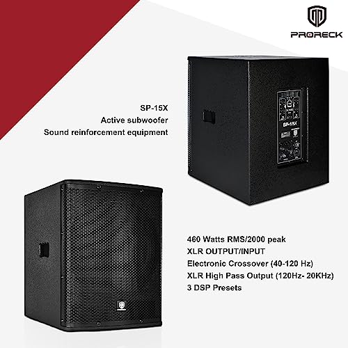 PRORECK SP-15X Active Powered PA DJ Subwoofer Cabinet 15 inch 2000W P.M.P.O with Class-D Amplifier,3 DSP Presets-Monitor, Bass Reinforcement, Black, for Wedding, Party, Concert, Church (One Subwoofer)