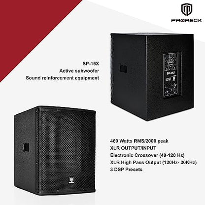 PRORECK SP-15X Active Powered PA DJ Subwoofer Cabinet 15 inch 2000W P.M.P.O with Class-D Amplifier,3 DSP Presets-Monitor, Bass Reinforcement, Black, for Wedding, Party, Concert, Church (One Subwoofer)