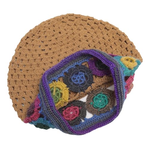 ZLYC Women Cotton Crochet Slouchy Beanie Hat Handmade Knit Summer Skull Cap | Lightweight breathable,boho casual chic look,travel photos festival party,café commute daily wear,beach concert gathering - color: Colorful Flower Shiny Brown