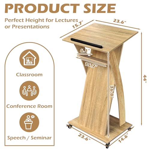 Wooden Podium Stand with Lockable Wheels, Mobile Lectern Pulpit with Storage Shelf for Church, Classroom, Office, and Conference Room - color: Natural Oak