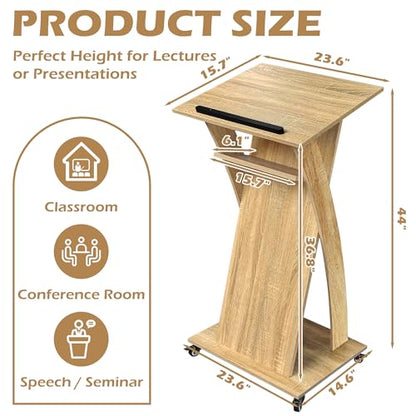 Wooden Podium Stand with Lockable Wheels, Mobile Lectern Pulpit with Storage Shelf for Church, Classroom, Office, and Conference Room - color: Natural Oak
