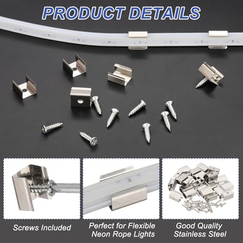 PATIKIL LED Strip Clips, 50pcs Stainless Steel Mounting Brackets Fixing Clip Clamp Support Holder with Screws for 9mm to 10mm LED Strip Lighting Cable - size: 9mm to 10mm