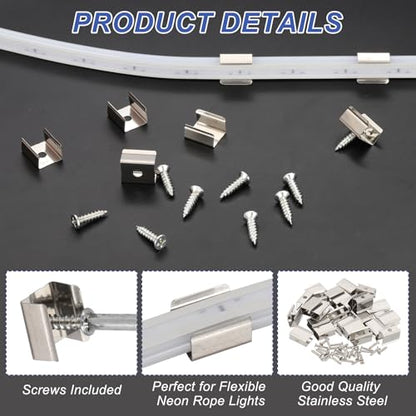 PATIKIL LED Strip Clips, 50pcs Stainless Steel Mounting Brackets Fixing Clip Clamp Support Holder with Screws for 9mm to 10mm LED Strip Lighting Cable - size: 9mm to 10mm
