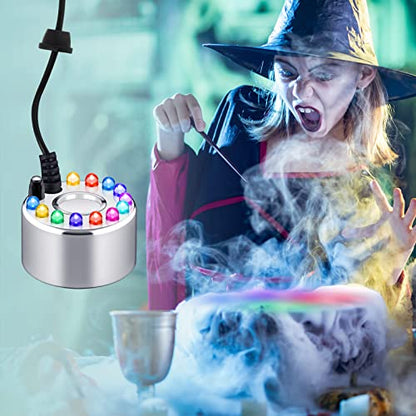 Maitys 2 Pcs Mist Maker Fogger Small Ultrasonic Fog Machine Fountain Halloween Cauldron Mister Fogger Water Garden Pond Foggers Air Humidifier with 12 LED Light Flashes for Party(Light, Alloy)