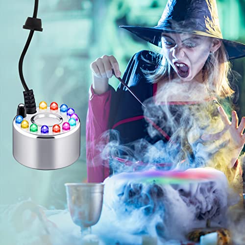 Yaomiao 1 Piece Halloween Mist Maker Fogger with 12 LED Lights, Silver | Small Ultrasonic Fog Machine, For Pond Fountain Water Garden, Mister Air Humidifier, Halloween Spooky Atmosphere Effects - color: Silver