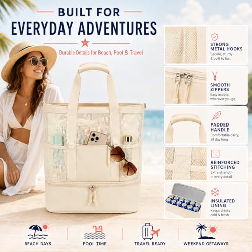 Bluboon Mesh Beach Tote Bag with Cooler Compartment Insulated Detachable Picnic Bag with Zipper and Pocket Pool Bag for Women - color: Solid Beige